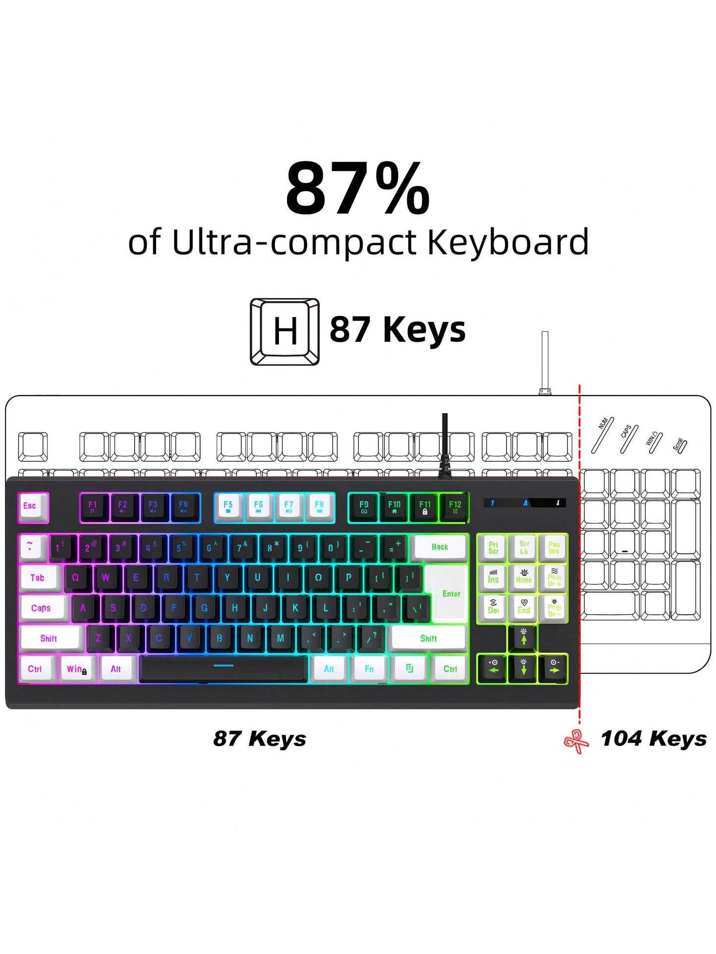 Snpurdiri Snpurdiri Rgb Illuminated, Compact Gaming Keyboard, Usb Cable 87-Key Gaming Keyboard, Led Rainbow Backlit Keyboard, Membrane Keyboard, Suitable for Laptop, Pc Gaming, and Work Keyboard