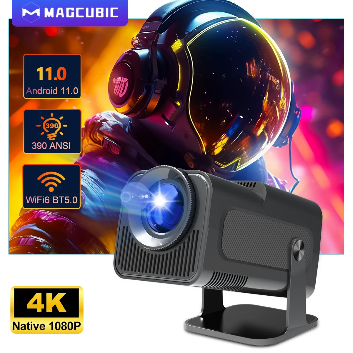 4K Android 11 Projector - Native 1080P, 390 ANSI Lumens, Dual Wi-Fi 6, Bluetooth 5.0, Portable Cinema Projector, Upgraded HY300 Model