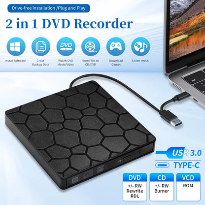 External DVD RW Drive USB 3.0 Type C 2 in 1 Interface Slim DVD CD Writer Burner Reader Player Optical Drive for Laptop PC