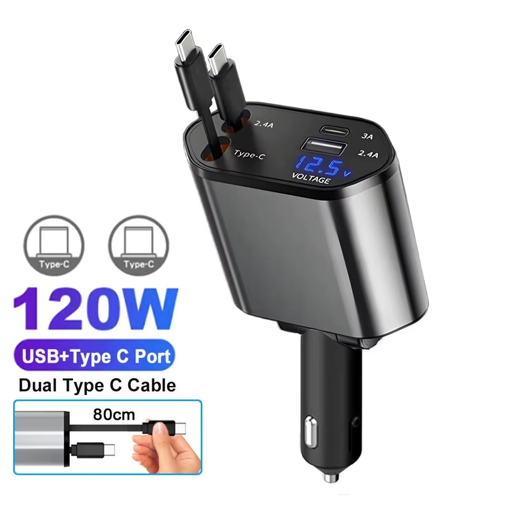 PD Car Charger 120W Quick Charger with 2 Retractable Cables Type C Fast Car Charger Voltmeter 4 in 1 Power for Iphone Huawei